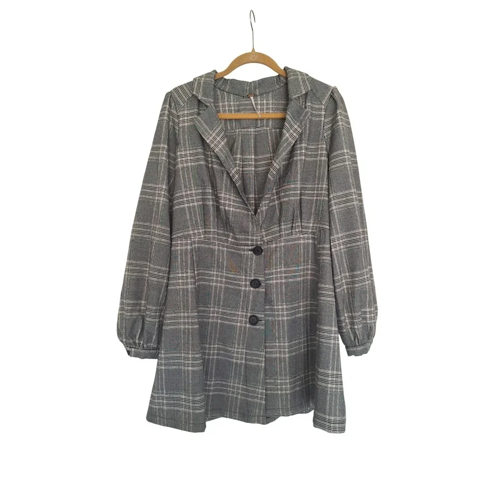 Free People Grey Glen Plaid Blazer Mini Dress Long‎ Sleeve Empire Waist Size 6
